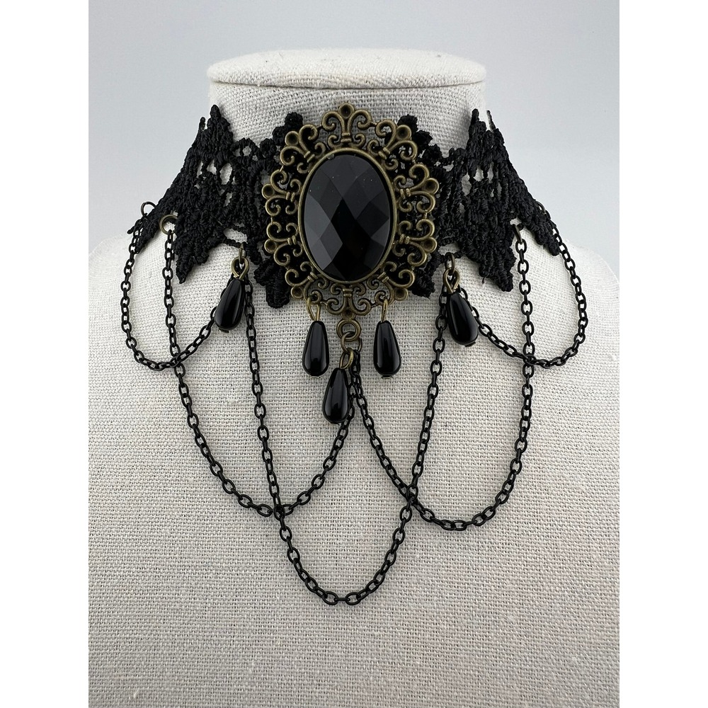 Black Lace Gothic Choker Necklace Victorian Inspired Black Cabochon Chains